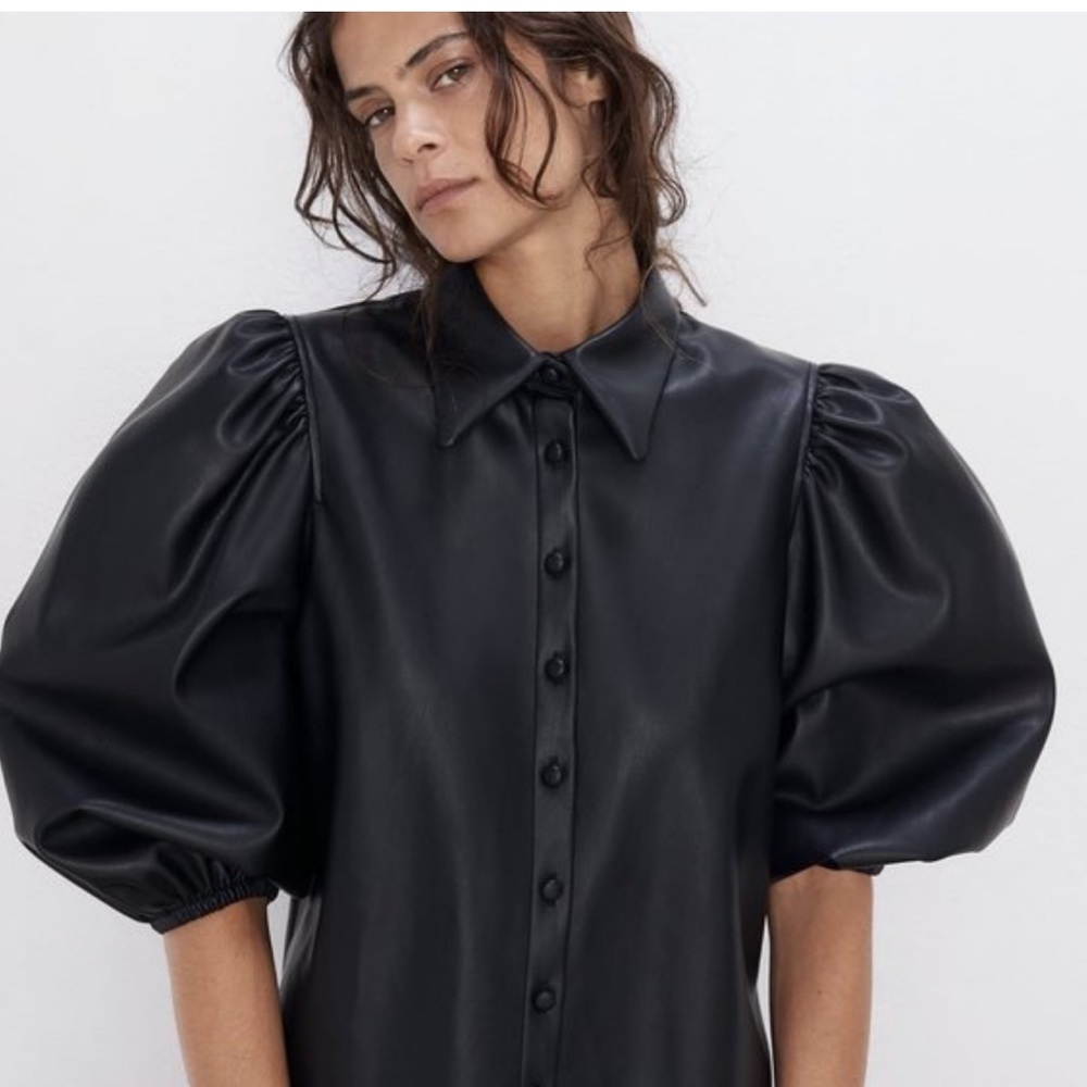 Zara Faux Leather Puff Sleeve Top